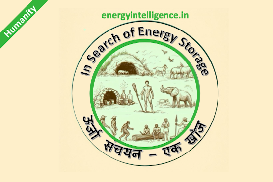 Image for podcast IN Search of Energy Storage - episode about Energy Storage and Early Humanity. Images showing caves, hunting, animals and farming of early humanity and word "HUmanity" across on teh left top