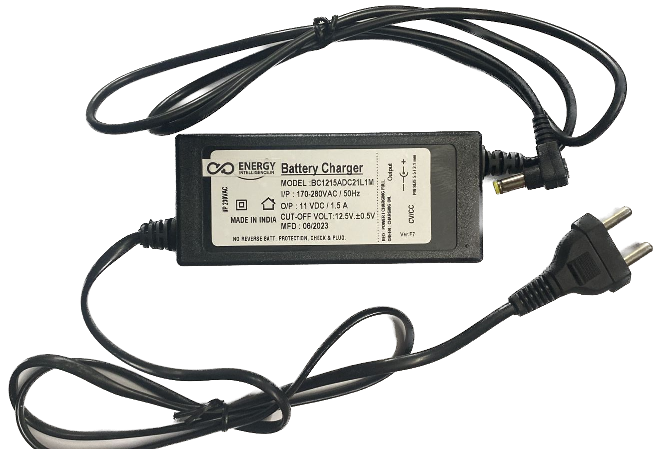 Charger for Li-Ion 3S Battery. Shown with 2 pion AC plug and 5.5mm x 2.2mm DC plug