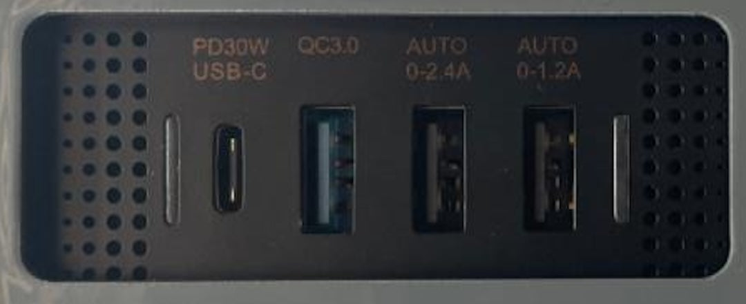 DC Power panel of Energy Intelligence Li-Ion portable Power Station. 192 WHr, 60,000 mAH, Multiple AC and DC outputs to meet all your needs. Shows PWD30W USB-C, OC3.0 and two other uSB-A