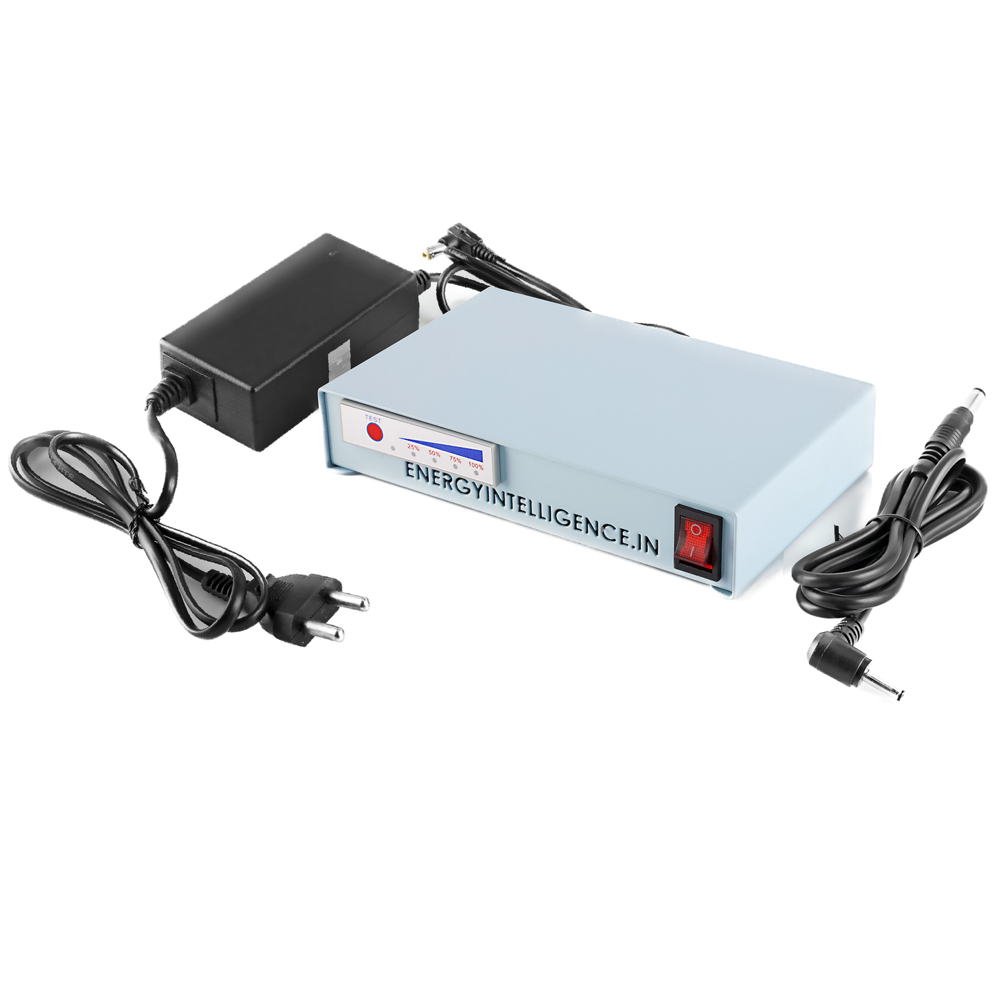 Second Generation Energy Intelligence Router UPS shown with the accessories. front view of the Router UPS, the specially engineered Li-Ion CC/CV charger and the output cable.