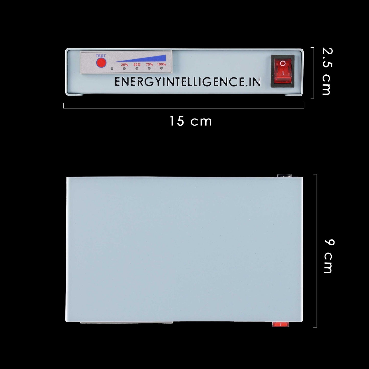 Image showing the dimensions of the second generation Router UPS . Showing width of 15cm, height of 2.5cm and depth of 9 cm. Shown in black background