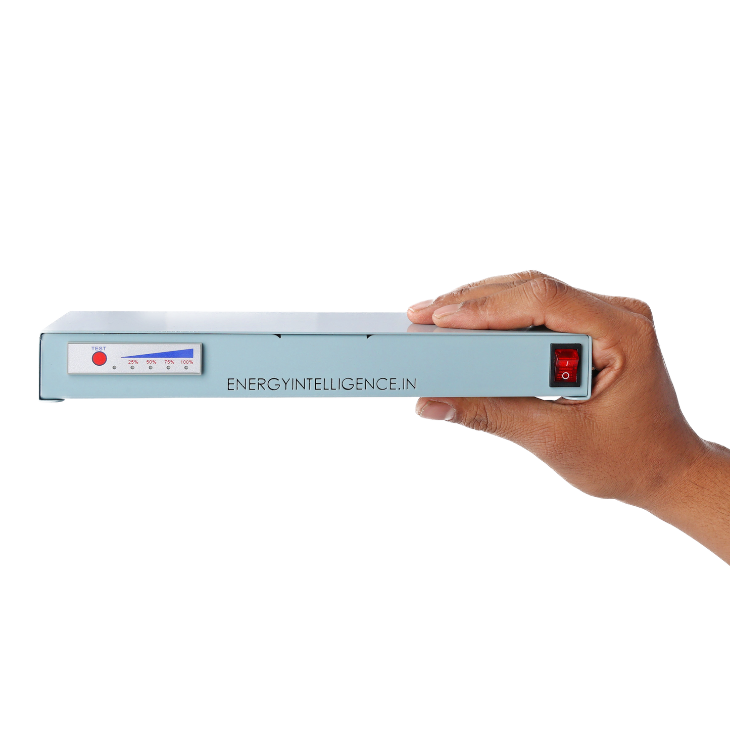 Energy Intelligence PoE UPS held in a hand showing the compact size and attractive design.