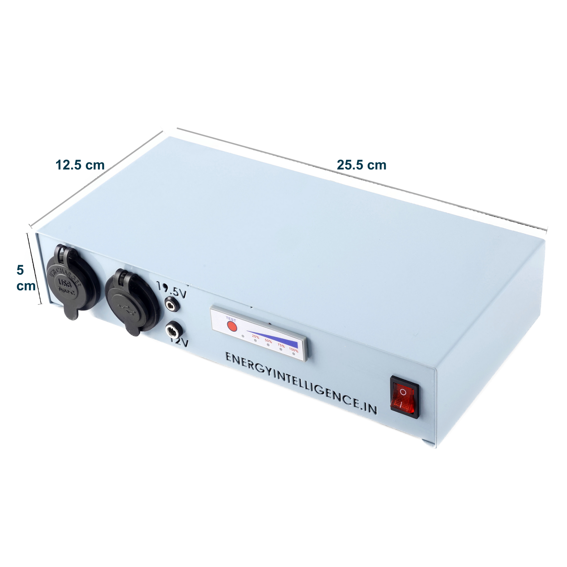 Side view of the LiIon portable power bank with USB-C, USB-A, DC 12V, DC 19V for travel, camping and more. Up to 66000 mAH