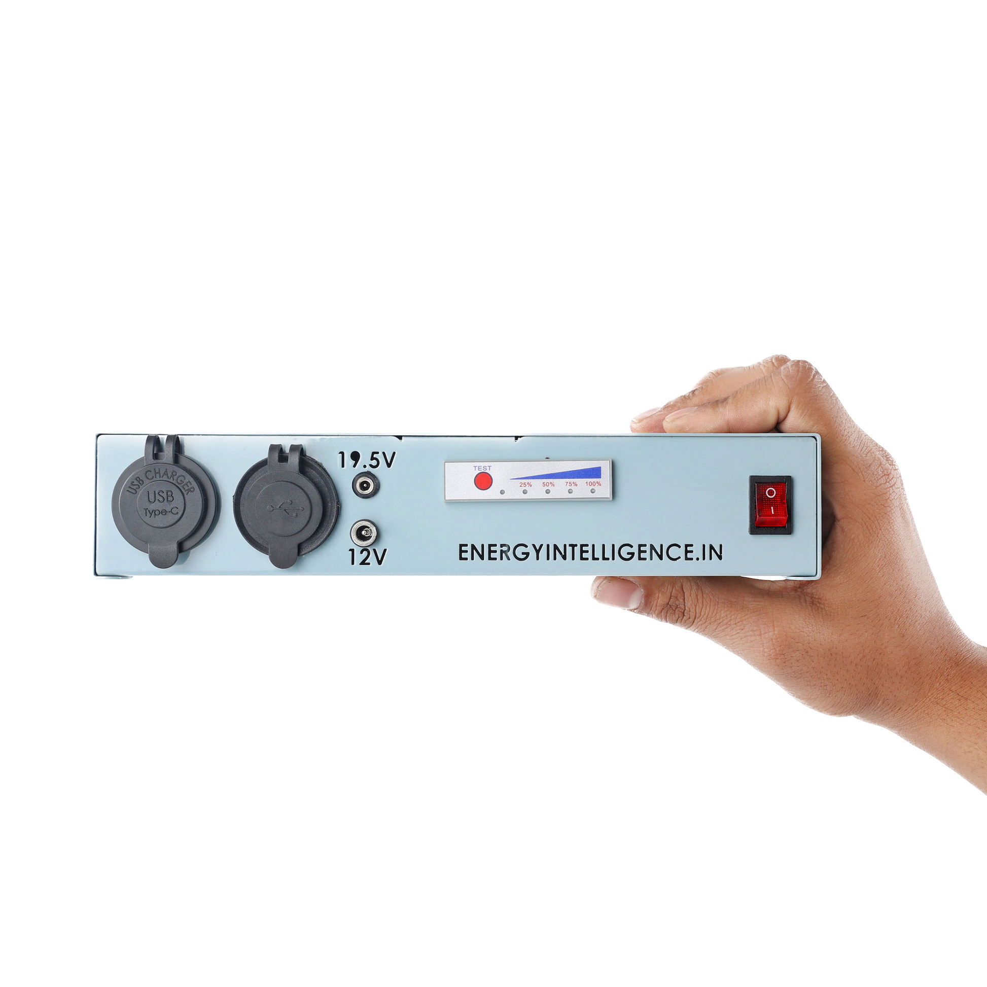 LiIon portable power bank with USB-C, USB-A, DC 12V, DC 19V for travel, camping and more. Up to 66000 mAH. Front view veing held in a hand