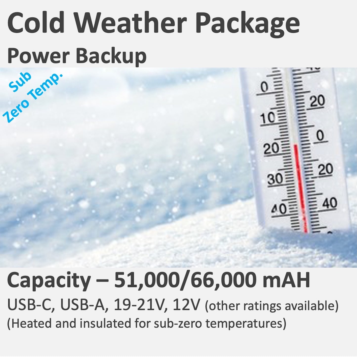 Cold Weather Power backup with USB-C, Barrel (19V-21.5V), 12V, USB-A