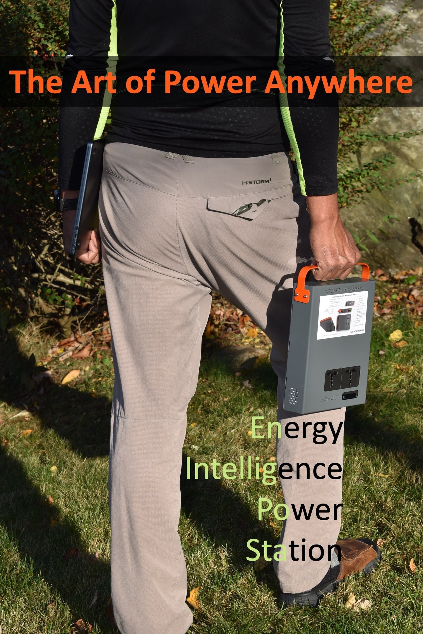 Image showing a person carrying Energy Intelligence Power Station and a Macbook outdoors and ext saying "Art of Power Anywhere" and "Energy Intelligence Power Station"
About the Energy Intelligence Shakti Power station, Li-Ion Power Station with AC/DC output, 18 months warranty and estimated life of 3000 cycles or approx. 10 years.