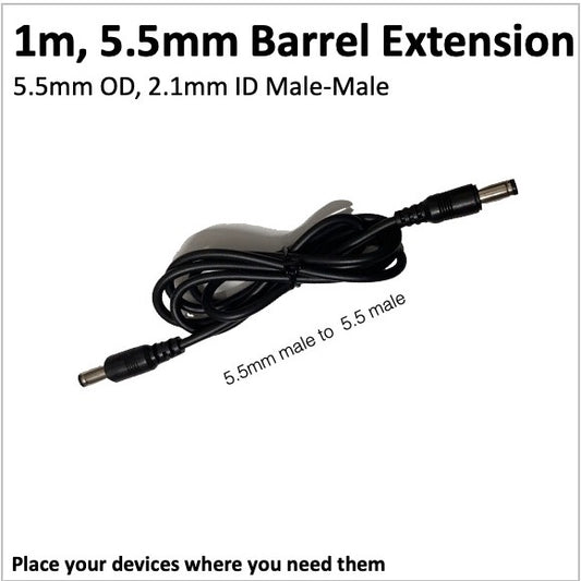 Extension cable for 5.5mm DC Barrel Jack - 1m (Male to Male)