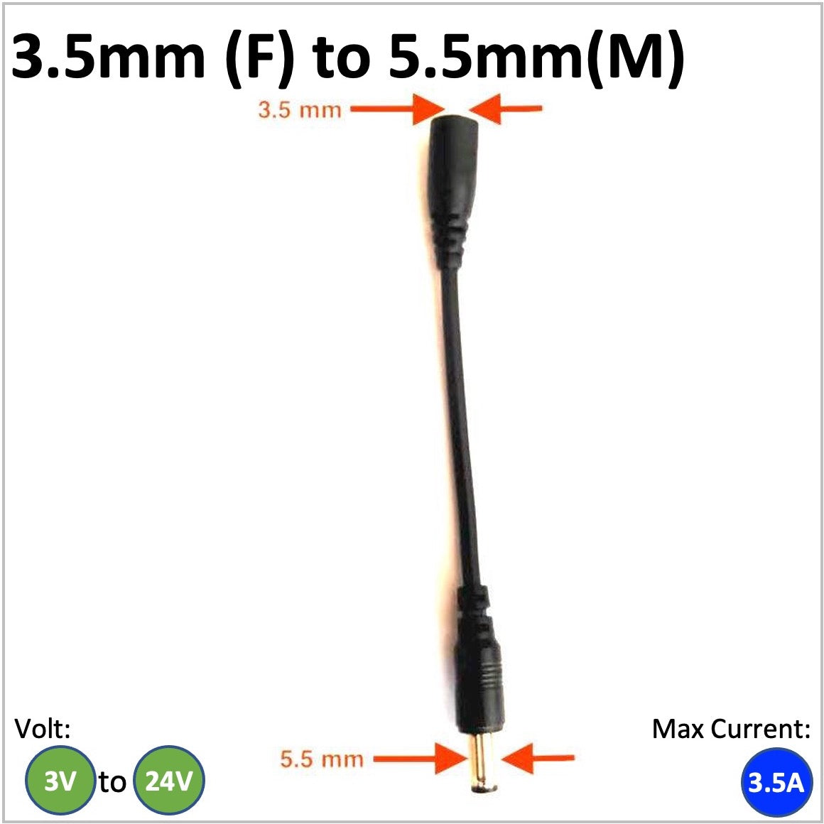 DC barrell converter cable with a 3.5mm female connector leading to 5.5mm male DC barrel adapter