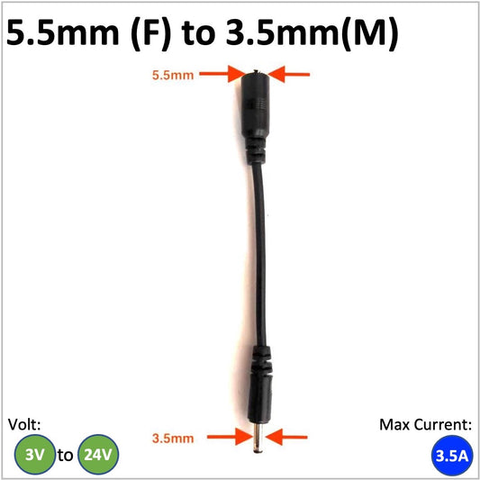 DC barrell converter cable with a 5.5mm female connector leading to 3.5mm male DC barrel adapter