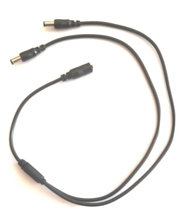 5.5mm splitter cable with single 5.5mm female barrel adapter and splitting to two 5.5mm male barrel adapters