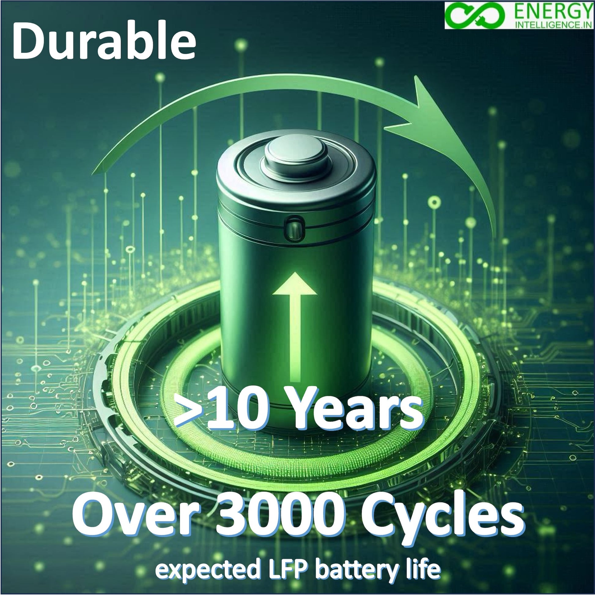 Image showing a Lithium Ion cell and with arrow around it and text saying "Durable, > 10 Years, Over 3000 Cycles expected LFP battery life). Also with Energy Intelligence Private Limited logo