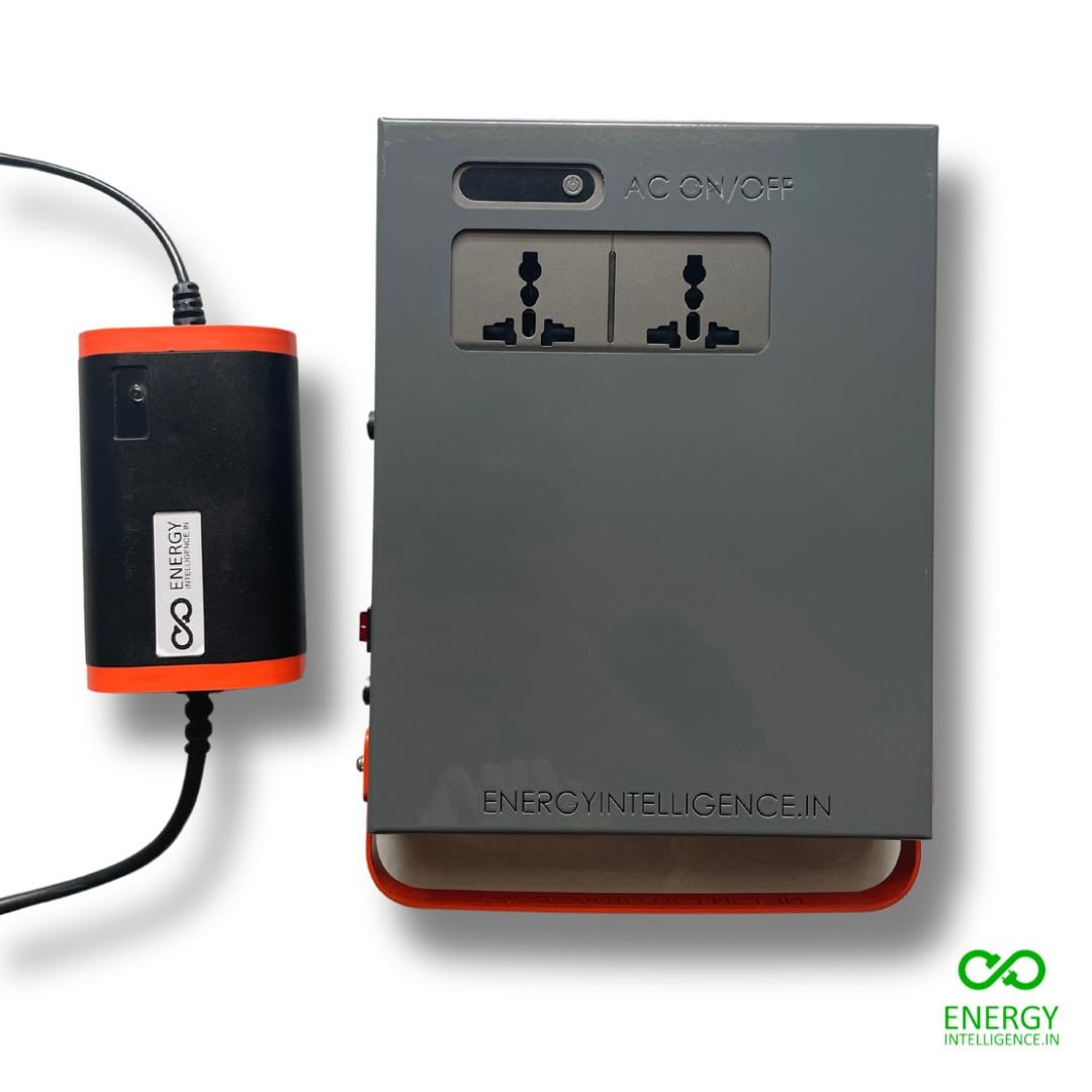 Energy Intelligence Li-Ion portable Power Station. 96 WHr, 30,000 mAH, Multiple AC and DC outputs to meet all your needs showing with compatible CC/CV charger