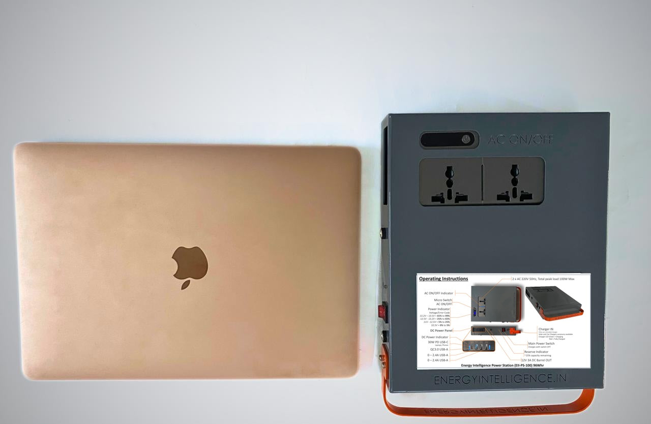 Image showing Energy Intelligence Shakti Series 100 Power station. It is show next to an apple McBook air to show the relative  size of the power station