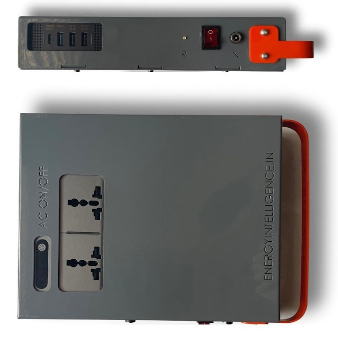 Top and Side view of Energy Intelligence Shakti Series 100 Power Station. Top View showing the AC outlets and side view showing teh power switch and the USB-A/USB-C outouts