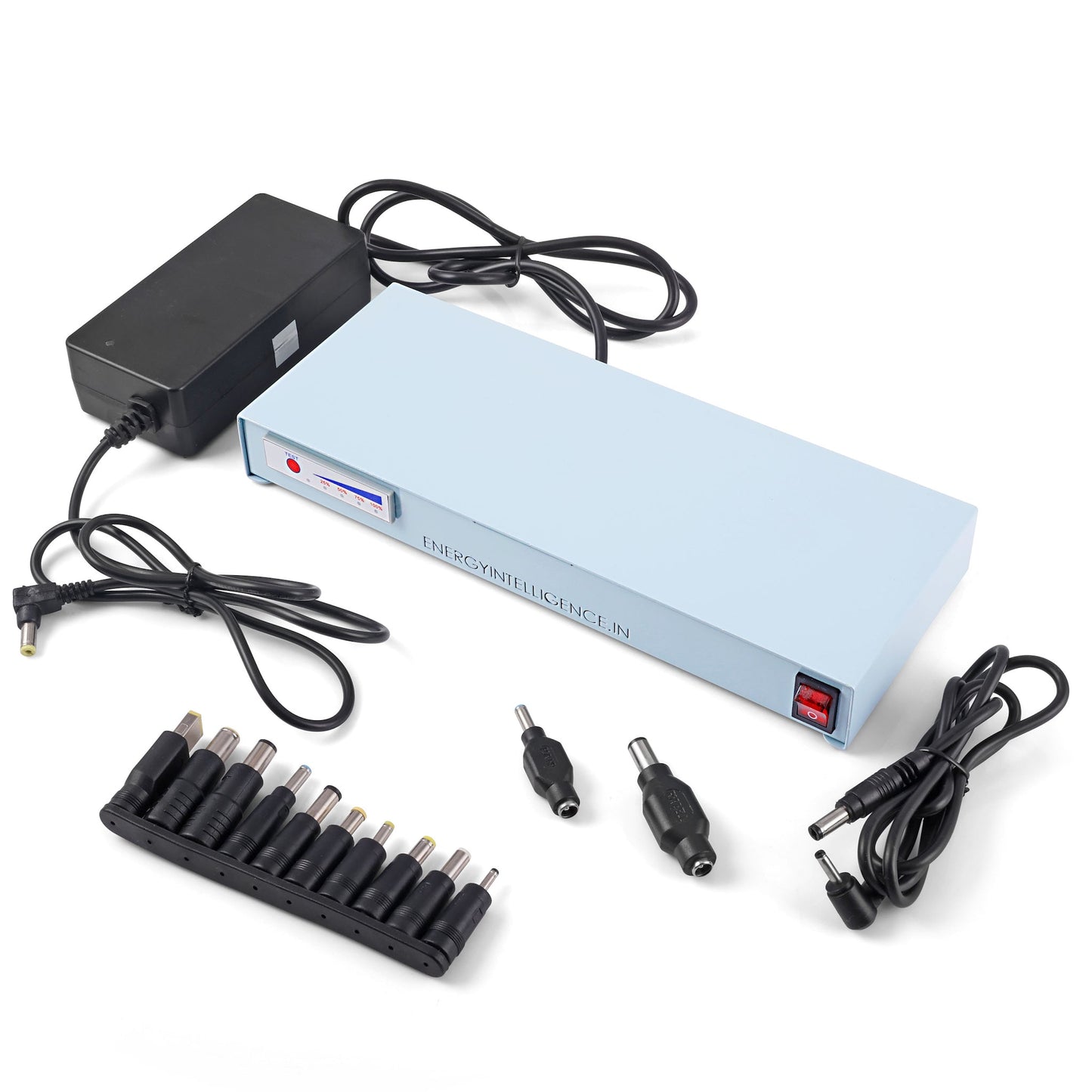Image of NUC power bank with accesories including the Powerbank, Li-Ion Charger, 12 different pin types and an out out cable
