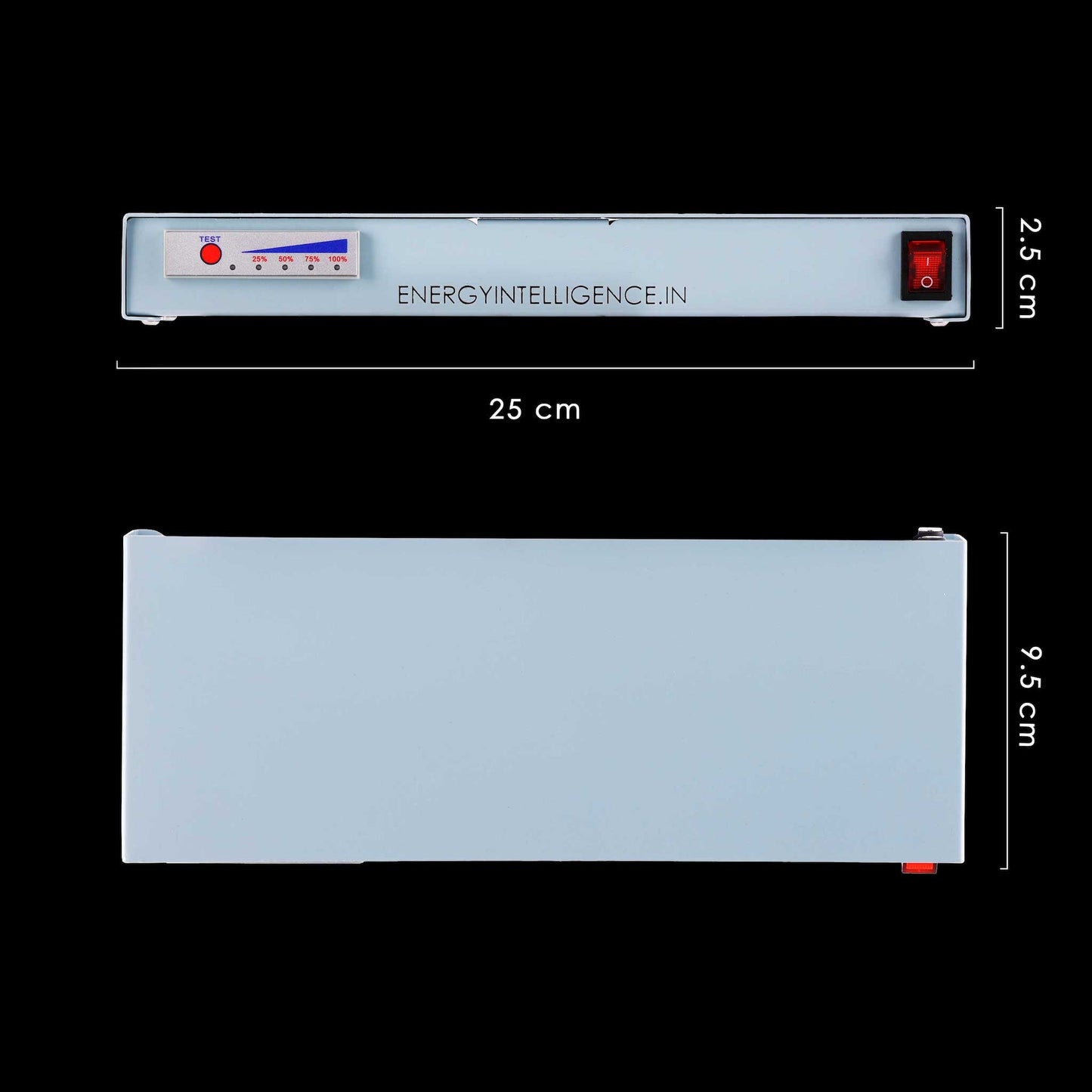 An Image showing the dimensions of the NUC powerbank in black background. Length 25cm, Height 2.5 cm and width 9.5cm