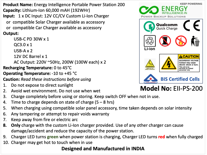 Product label showing specifications and warning for Energy Intelligence Li-Ion portable Power Station. 192 WHr, 60,000 mAH, Multiple AC and DC outputs to meet all your needs