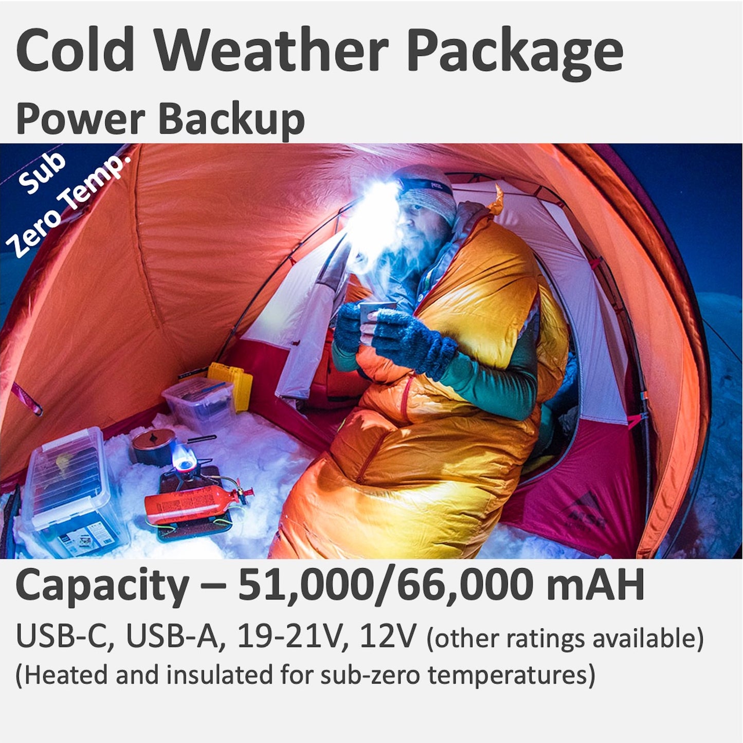 Cold Weather Power backup with USB-C, Barrel (19V-21.5V), 12V, USB-A