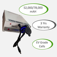 Load image into Gallery viewer, Front view of Energy Intelligence laptop powerbank with combo USB-C and Barrel/Square laptops charger. Callout saying &quot;52,000/78,000 mAH&quot;, &quot;3Yrs Warranty&quot;, &quot;EV Grade Cells&quot;
