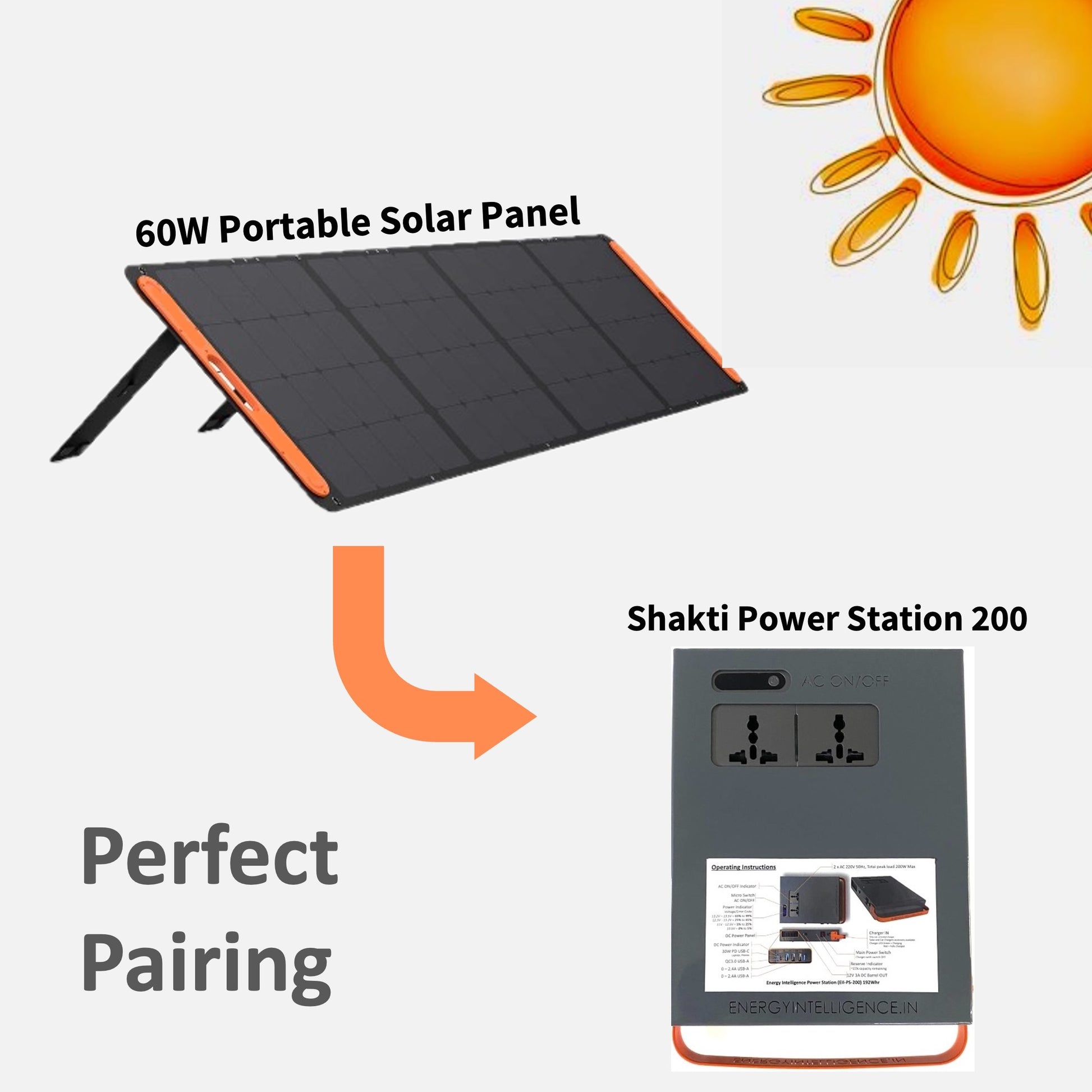 Image of Energy Intelligence Shakti Power Station 200 with compatible solar panel. Great pairing with features and value