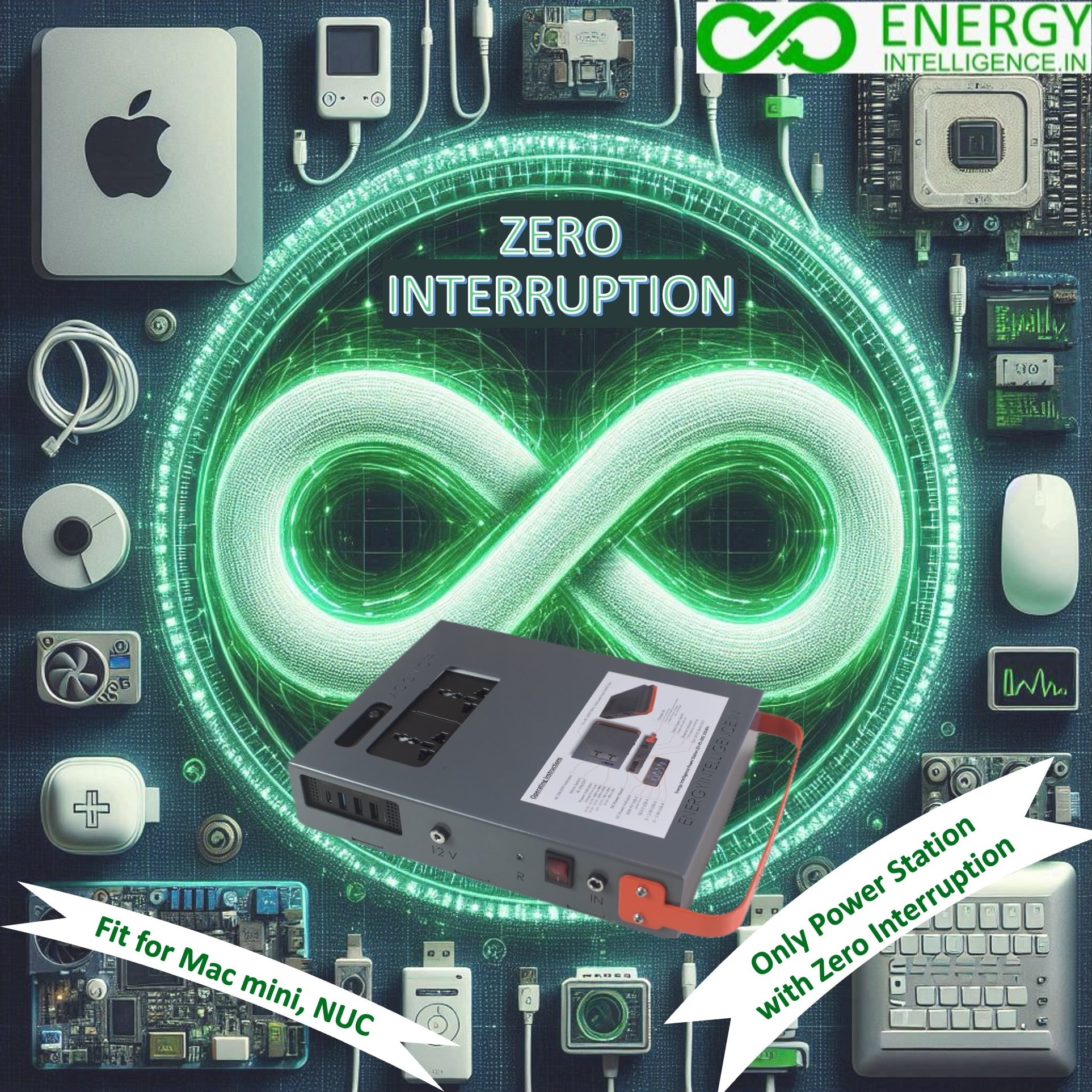 Image showing Energy Intelligence power station and words of "Sero Interruption", "Only power Station with zero Interruption" and "Fit for Mac Mini and Intel NUC". Energy Intelligence Power stations are patent pending common bus power station with ZERO interruption. All our power interruption have a small cutover time making them insufficient for devices like Mac mini, NUC and jie Air Fiber.