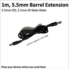 Load image into Gallery viewer, Extension cable for 5.5mm DC Barrel Jack - 1m (Male to Male)
