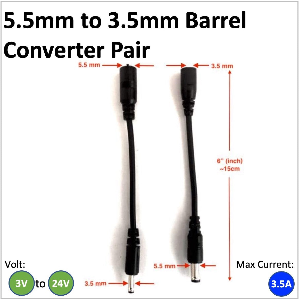 Pair of DC barrell converter cable with a 5.5mm connector leading to 3.5mm DC barrel adapter