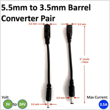 Load image into Gallery viewer, Pair of DC barrell converter cable with a 5.5mm connector leading to 3.5mm DC barrel adapter
