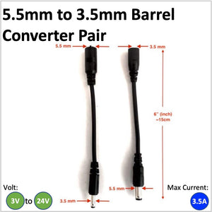 Pair of DC barrell converter cable with a 5.5mm connector leading to 3.5mm DC barrel adapter