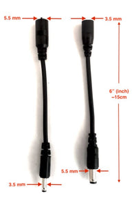 Converter Cable pair for 5.5mm tip to 3.5mm tip DC barrel. One converts from 3.5mm to 5.5mm female to make, Other converts 3.5mm female to 5.5mm male barrell connector