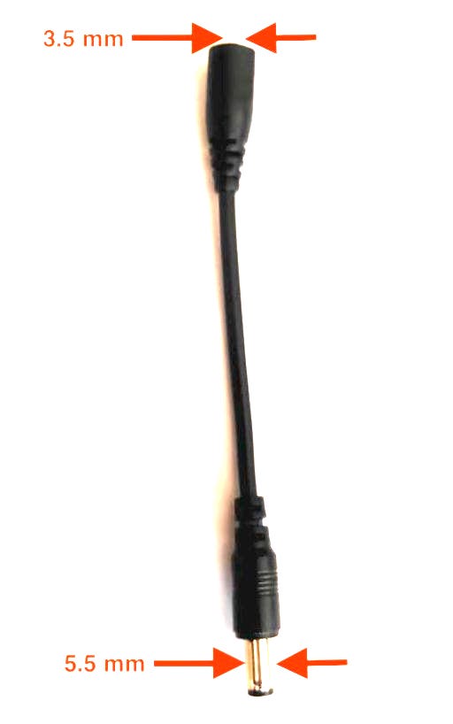 DC barrell converter cable with a 3.5mm female connector leading to 5.5mm male DC barrel adapter. Shown with dimensions on each side