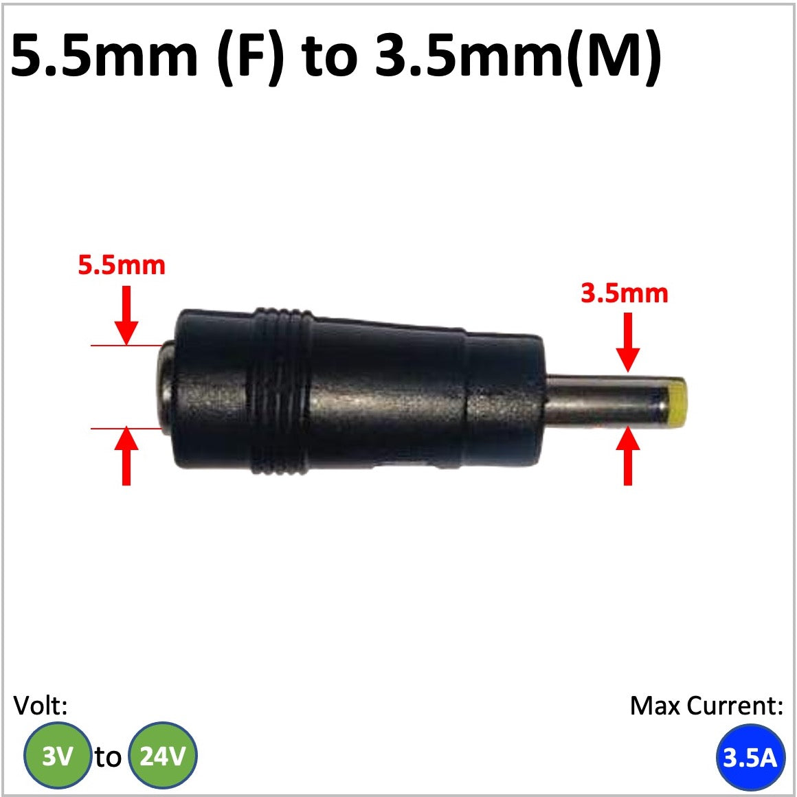DC barrell converter cable with a 3.5mm female connector leading to 5.5mm male DC barrel adapter