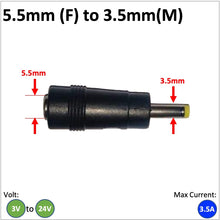 Load image into Gallery viewer, DC barrell converter cable with a 3.5mm female connector leading to 5.5mm male DC barrel adapter
