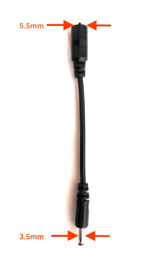 DC barrell converter cable with a 5.5mm female connector leading to 3.5mm male DC barrel adapter