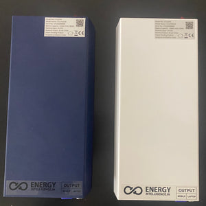 Top view of a Blazing Blue and a Winter White Laptop Power bank from Energy Inelligence