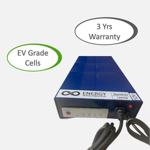 A blue Energy Intelligence Combo Laptop Powerbank with Router UPS feature with callouts "3 Yrs Warranty" and "EV Grade Cells"