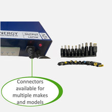 Load image into Gallery viewer, Front view of an Energy Intelligence Combo Laptop Power bank with Router UPS feature and showing a set of 8 connectors next to it. A callout &quot;Connectors available for multiple makes and models&quot;
