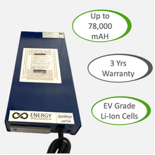 Load image into Gallery viewer, Isometric front view of Energy Intelligence Laptop Powerbank showing call-outs &quot;Up to 78,000 mAH&quot;, &quot;3 Yrs Warranty&quot;, and &quot;EV Grade Li-Ion Cells&quot;
