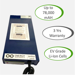 Top view of the Energy Intelligence NUC  powerbank  with callouts "Up to 78,000 mAH", "3 Yrs Warranty" and "EV Grade Li-Ion Cells" 