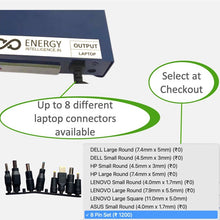 Load image into Gallery viewer, Front view of Energy Intelligence Laptop Powerbank and callouts &quot;Up to 8 different laptop connectors available&quot;, &quot;Select at checkout&quot;
