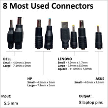 Load image into Gallery viewer, Picture of 8 most used connectors and their dimensions that can be used with Energy Intelligence Laptop Powerbank. Shows picture and dimensions of 8 connectors. Dell Small - 4.5mmx3mm, Dell Large - 7.4mmx5mm, HP Small 0 4.5mmx 3mm, HP Large - 7.4mmx5mm, Lenovo Small - 4.0mmx1.7mm, Lenovo Large - 7.9mmx5.5mm, Lenovo Square - 11.0mmx5.0mm, ASUS Small - 4.0mmx1.7mm

